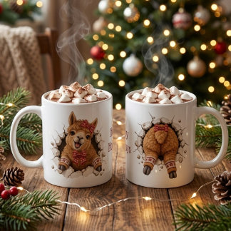 Whimsical Christmas Llama Breaking Through Wall Coffee Mug