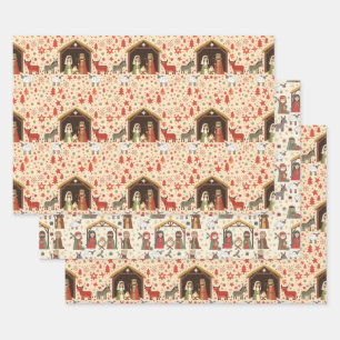 Whimsical Christmas Manger Scenes Wrapping Paper Sheets