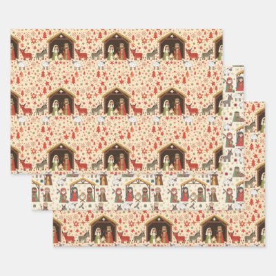 Whimsical Christmas Manger Scenes Wrapping Paper Sheets