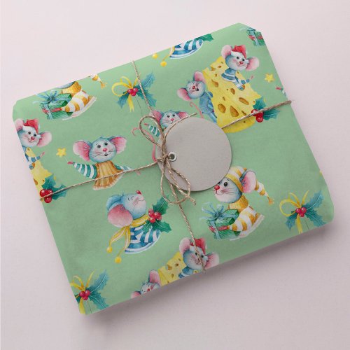 Whimsical Christmas Mice Mint Green Wrapping Paper
