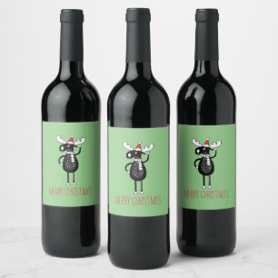 Whimsical Christmas Moose Wine Label