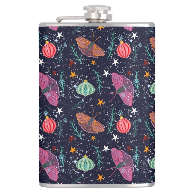 Whimsical Christmas Moth and Ornament Pattern  Flask (Front)