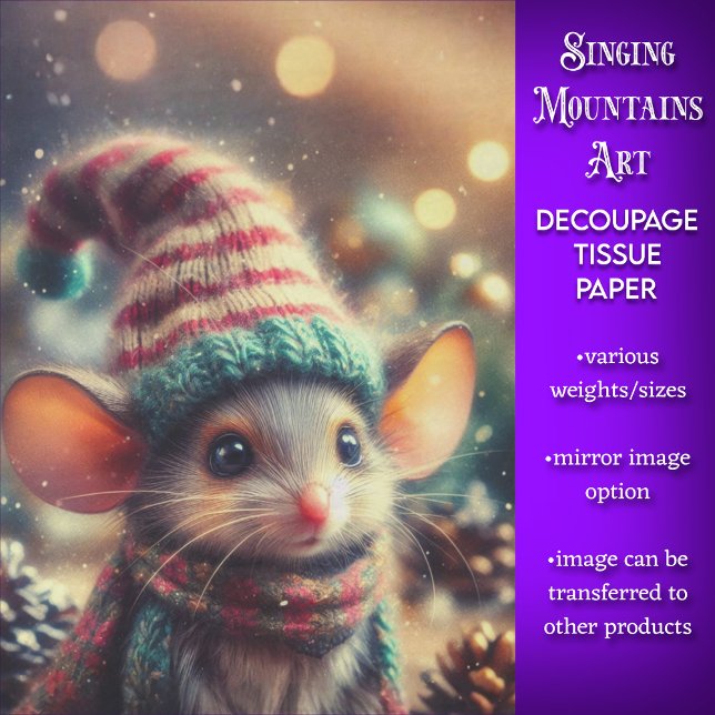 Whimsical Christmas Mouse in Festive Hat Decoupage Tissue Paper (Creator Uploaded)