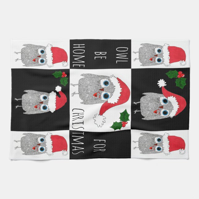Whimsical Christmas Owl Kitchen Towel (Horizontal)