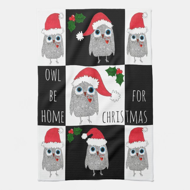 Whimsical Christmas Owl Kitchen Towel (Vertical)