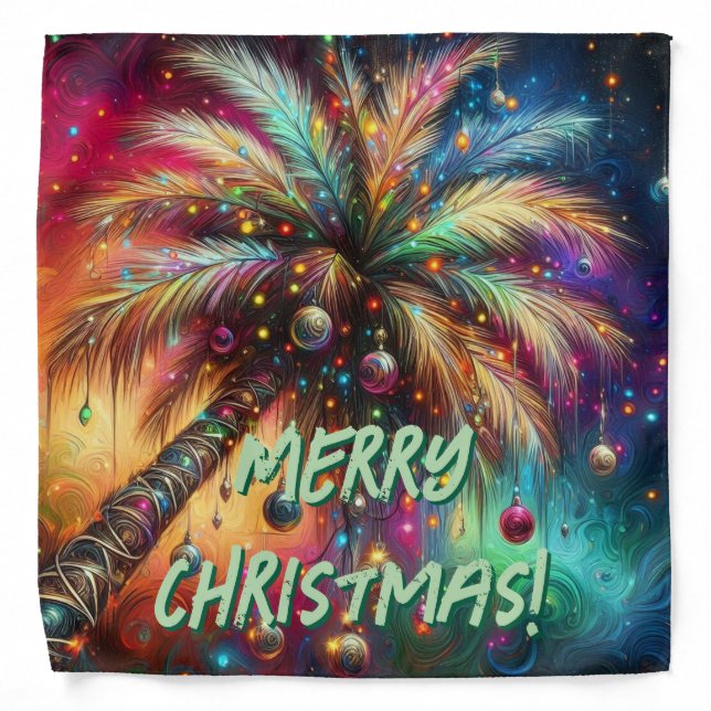 Whimsical Christmas Palm Tree Tropical Beach Vivid Bandana (Front)