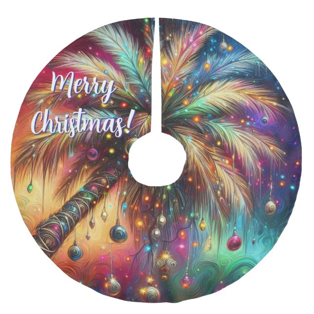 Whimsical Christmas Palm Tree Tropical Beach Vivid Brushed Polyester Tree Skirt (Front)