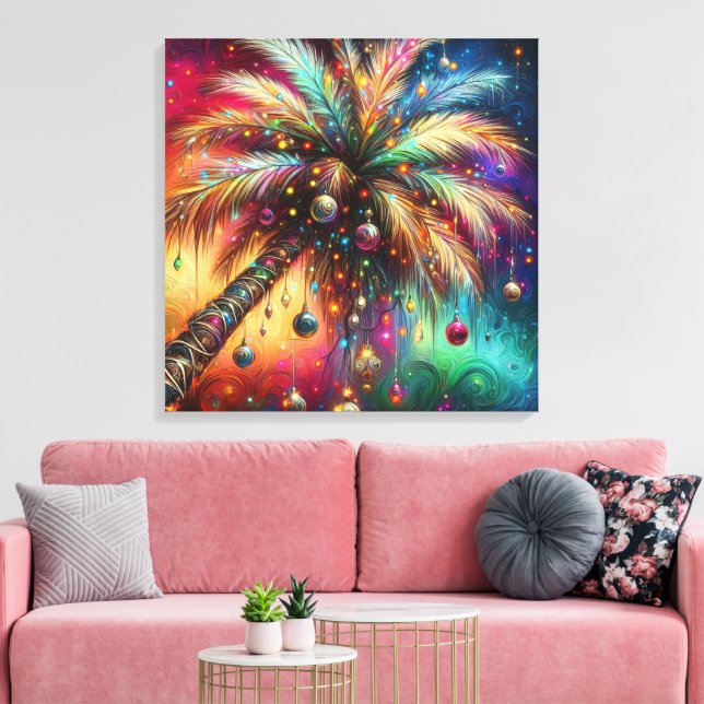 Whimsical Christmas Palm Tree Tropical Beach Vivid Canvas Print (Insitu(LivingRoom))