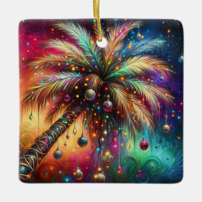 Whimsical Christmas Palm Tree Tropical Beach Vivid Ceramic Ornament (Front)