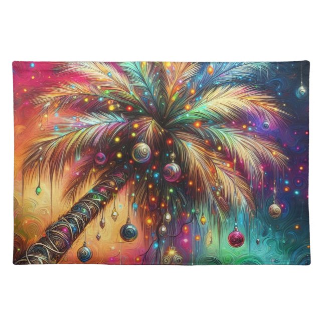 Whimsical Christmas Palm Tree Tropical Beach Vivid Cloth Placemat (Front)