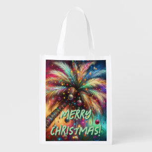 Whimsical Christmas Palm Tree Tropical Beach Vivid Grocery Bag
