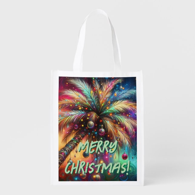 Whimsical Christmas Palm Tree Tropical Beach Vivid Grocery Bag (Front)
