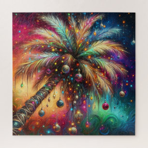 Whimsical Christmas Palm Tree Tropical Beach Vivid Jigsaw Puzzle