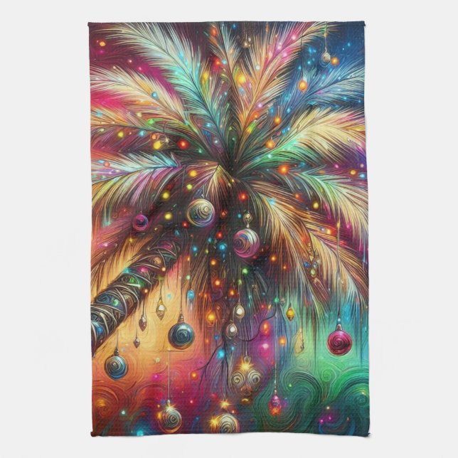 Whimsical Christmas Palm Tree Tropical Beach Vivid Kitchen Towel (Vertical)