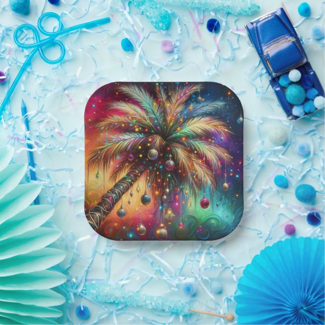 Whimsical Christmas Palm Tree Tropical Beach Vivid Paper Plates (Party)