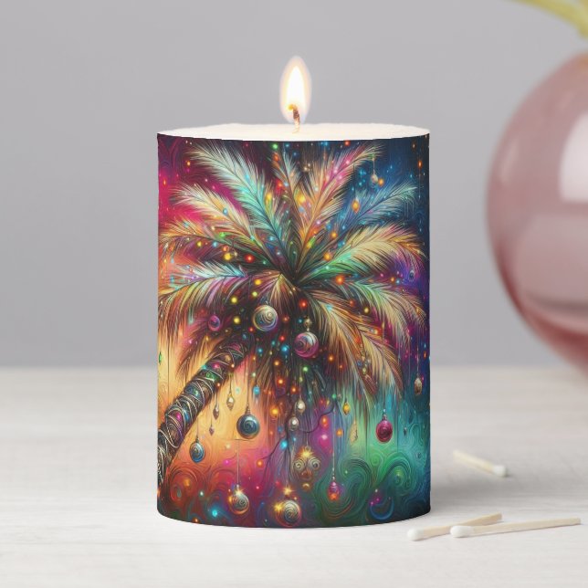 Whimsical Christmas Palm Tree Tropical Beach Vivid Pillar Candle (In Situ)