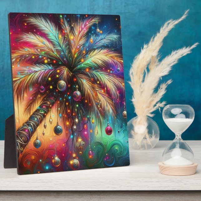Whimsical Christmas Palm Tree Tropical Beach Vivid Plaque (Side)