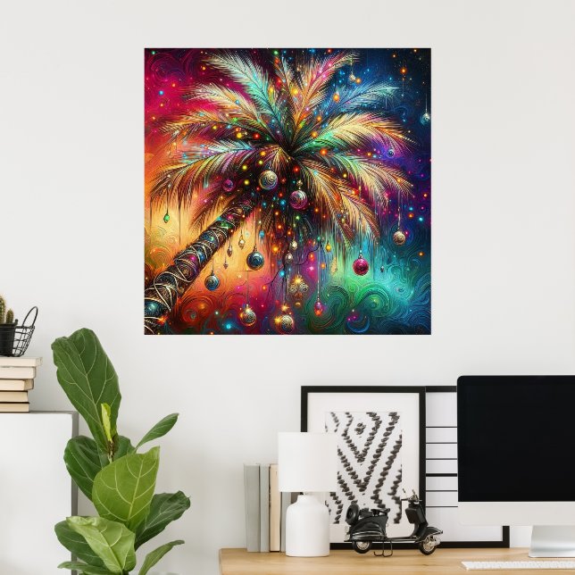 Whimsical Christmas Palm Tree Tropical Beach Vivid Poster (Home Office)