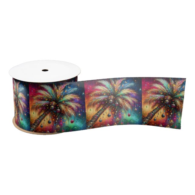 Whimsical Christmas Palm Tree Tropical Beach Vivid Satin Ribbon (Spool)