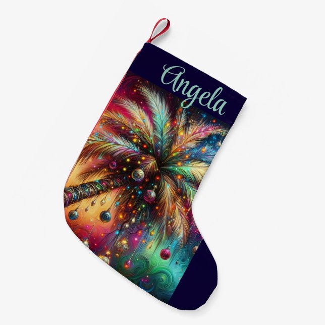 Whimsical Christmas Palm Tree Tropical Beach Vivid Small Christmas Stocking (Front (Hanging))
