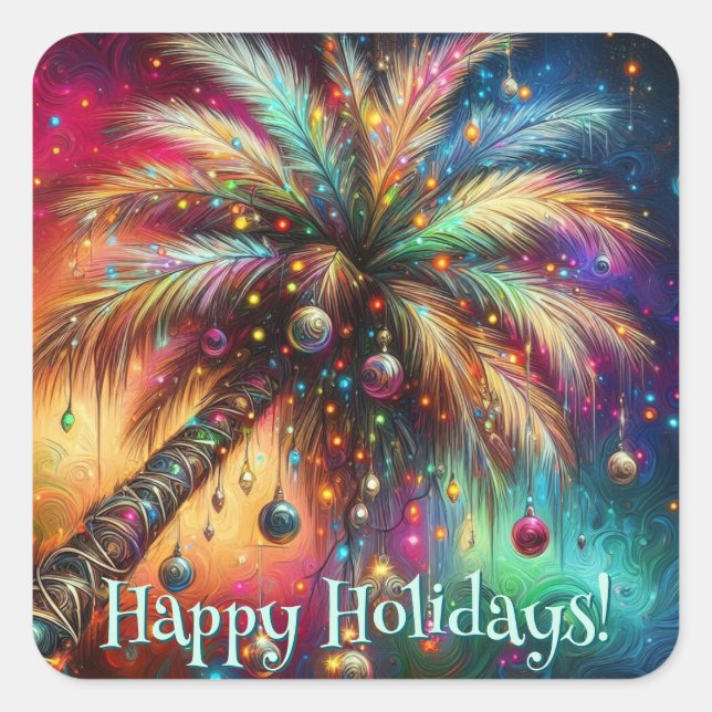 Whimsical Christmas Palm Tree Tropical Beach Vivid Square Sticker (Front)