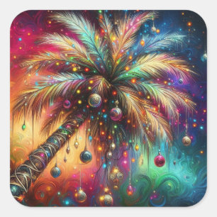 Whimsical Christmas Palm Tree Tropical Beach Vivid Square Sticker