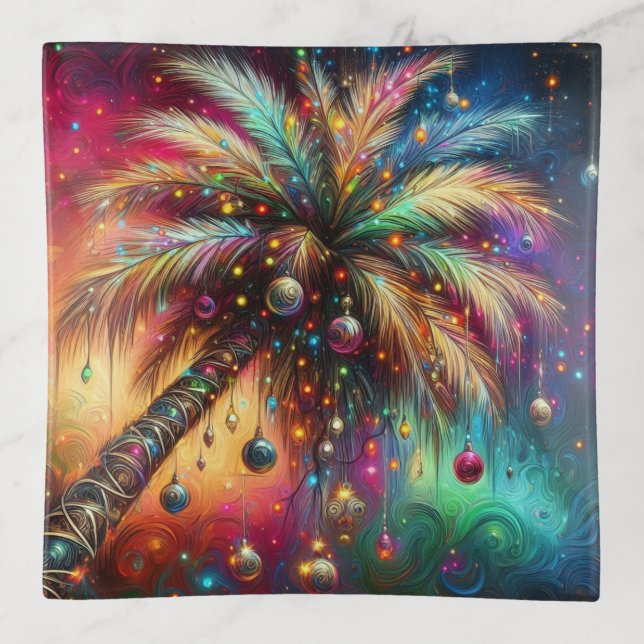 Whimsical Christmas Palm Tree Tropical Beach Vivid Trinket Tray (Front)