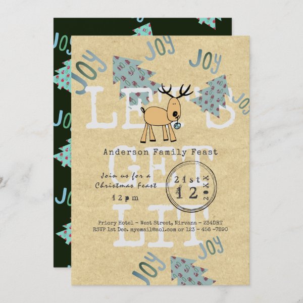 Whimsical Christmas Party Lets Get LIT Rustic Invitation