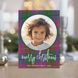 Whimsical Christmas Photo - Calligraphy and Plaid Holiday Card