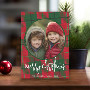 Whimsical Christmas Photo - Calligraphy and Plaid Holiday Card