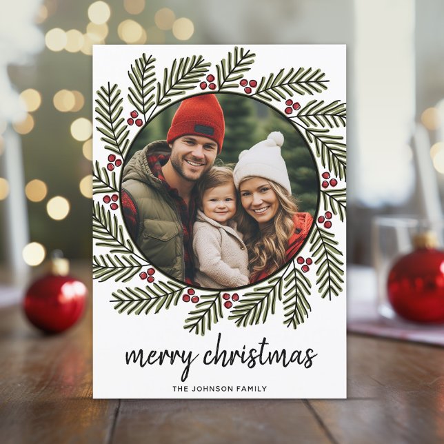 Whimsical Christmas Photo - Calligraphy - Branches Holiday Card (Whimsical Christmas Card with a Circle and Pine Branch Wreath)