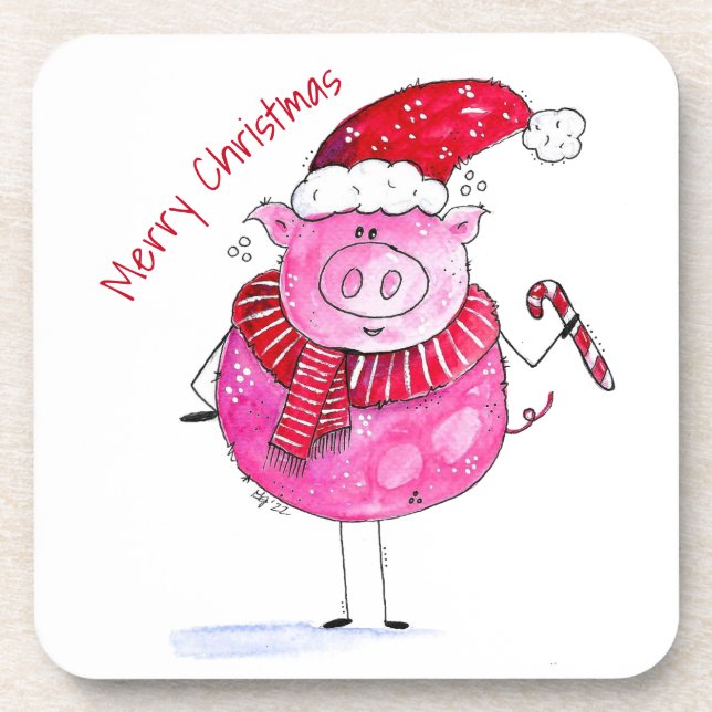 Whimsical Christmas Pig Beverage Coaster (Front)