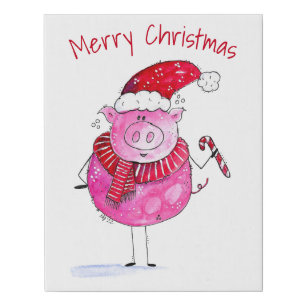 Whimsical Christmas Pig Faux Canvas Print