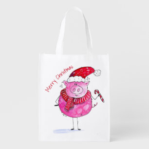 Whimsical Christmas Pig Grocery Bag