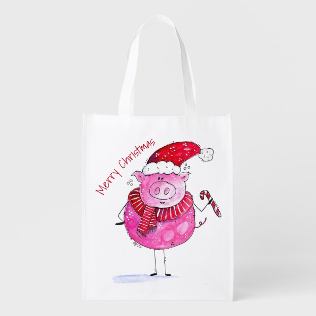 Whimsical Christmas Pig Grocery Bag (Front)