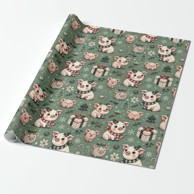 Whimsical Christmas Pigs Flat Sheet Holiday Wrap Wrapping Paper (Unrolled)