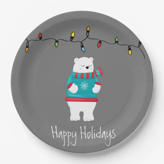 Whimsical Christmas Polar Bear Holiday Paper Plates (Front)