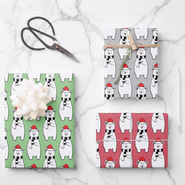 Whimsical Christmas Polar Bears Wrapping Paper Sheets (Front)