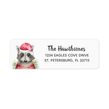Whimsical Christmas Raccoon In Santa Hat Label by DP_Holidays at Zazzle