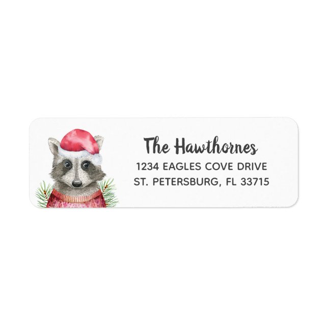 Whimsical Christmas Raccoon in Santa Hat Label (Front)