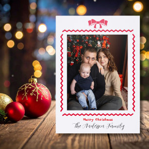 Whimsical Christmas Red Bow & Frame Family Photo Letterpress Photo Cards