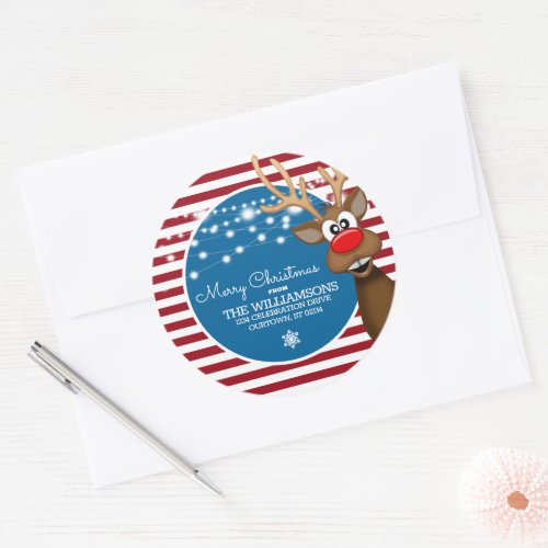 Whimsical Christmas Reindeer Family Address Classic Round Sticker - Super cute Christmas reindeer for these custom family address envelope seals