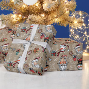 Whimsical Christmas Santa and Snowman Wrapping Paper
