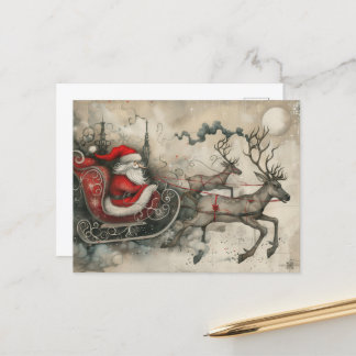 Whimsical Christmas Santa Claus and His Reindeer Holiday Postcard