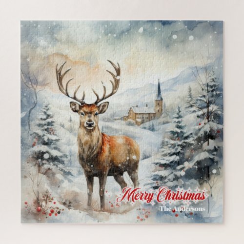 Whimsical Christmas scene with reindeer in snow Jigsaw Puzzle