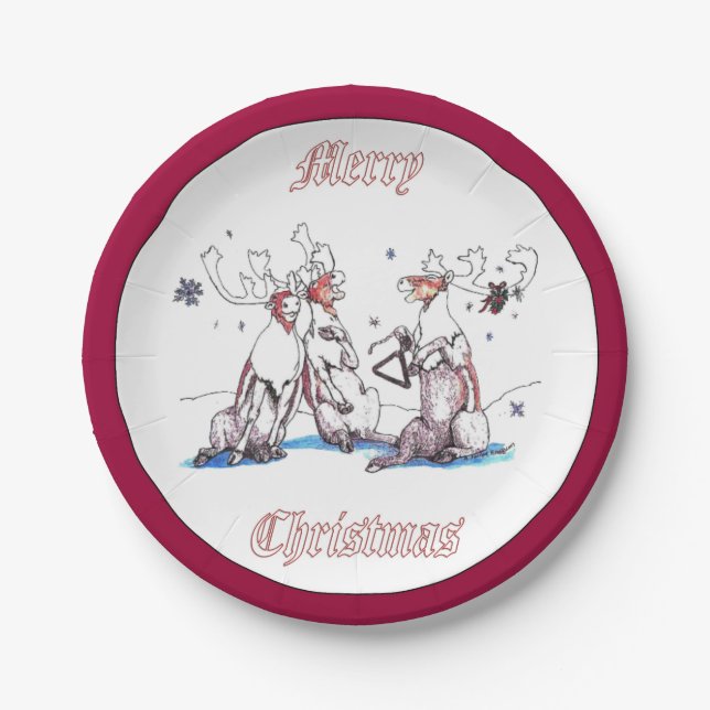 Whimsical Christmas Singing Caribou Serving Paper Plates (Front)