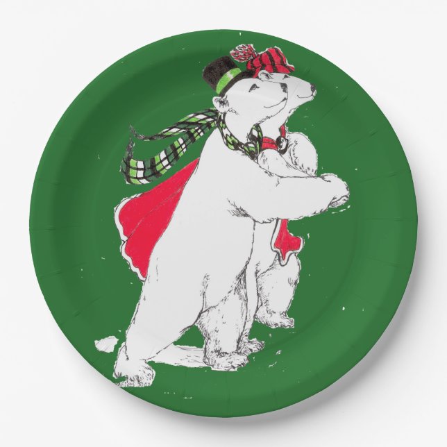 Whimsical Christmas Skating Polar Bear Designed Paper Plates (Front)