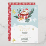 Whimsical Christmas snowman chocolate illustration Foil Invitation<br><div class="desc">A modern, cute and whimsical Christmas party invitation illustration with a cute floating snowman in a hot cup of chocolate holding a red and white candy cane with a white and red Christmas trees and snow on the cup with a blue cute wrapped gift on a pile of snow with...</div>