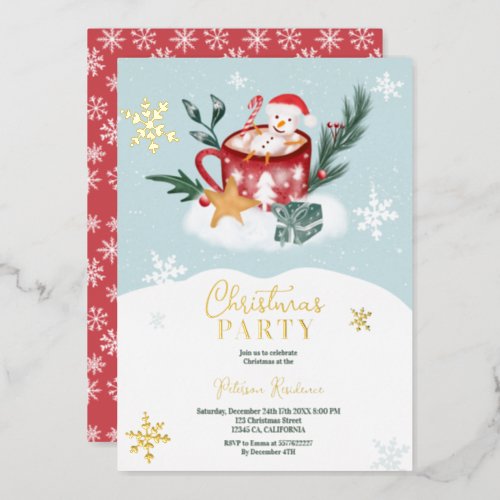 Whimsical Christmas snowman chocolate illustration Foil Invitation