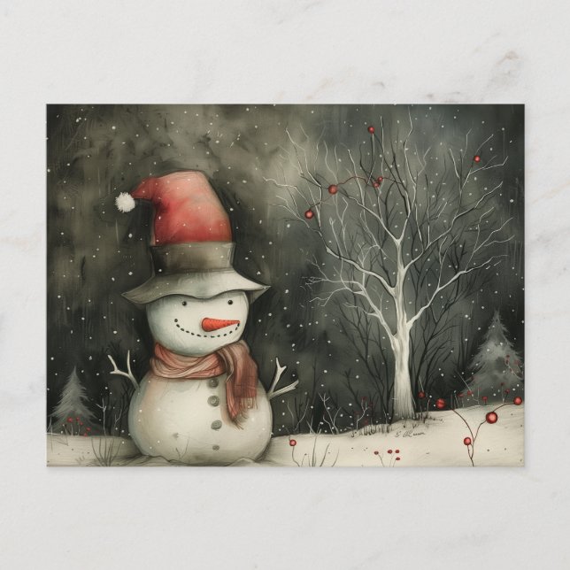 Whimsical Christmas Snowman Red Black Holiday Postcard (Front)